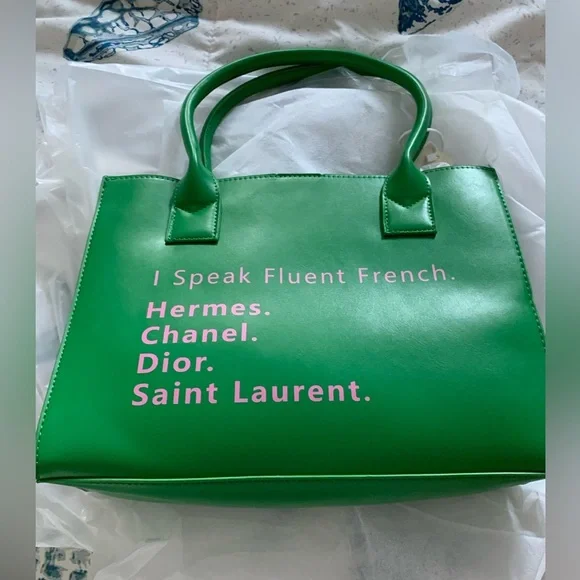 NWT Trendy Green Tote “I Speak Fluent French” Fashion Bag - Picture 2 of 7